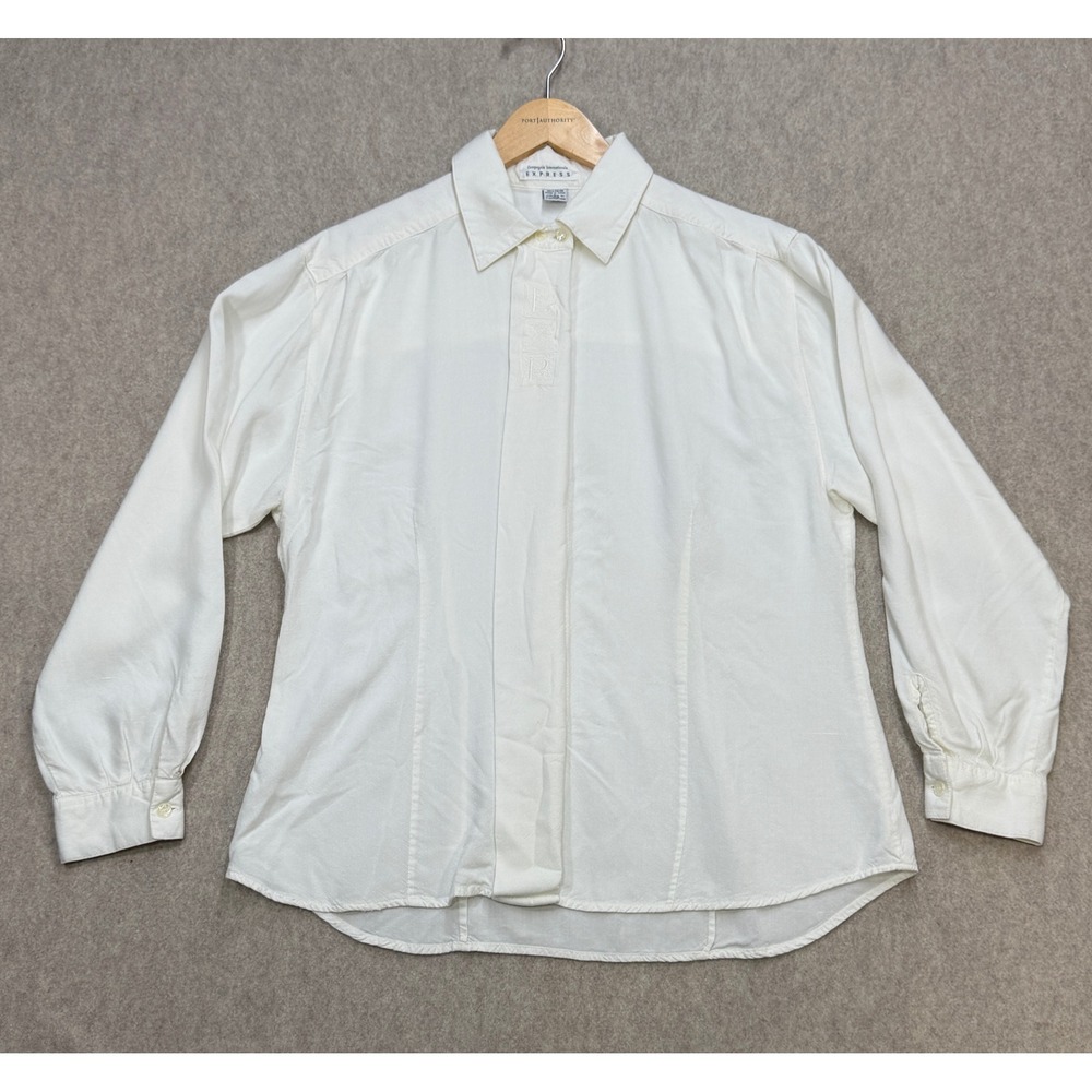Vintage 90s Express Button Up Women L Ivory Rayon Minimalist Fluid Drape Office